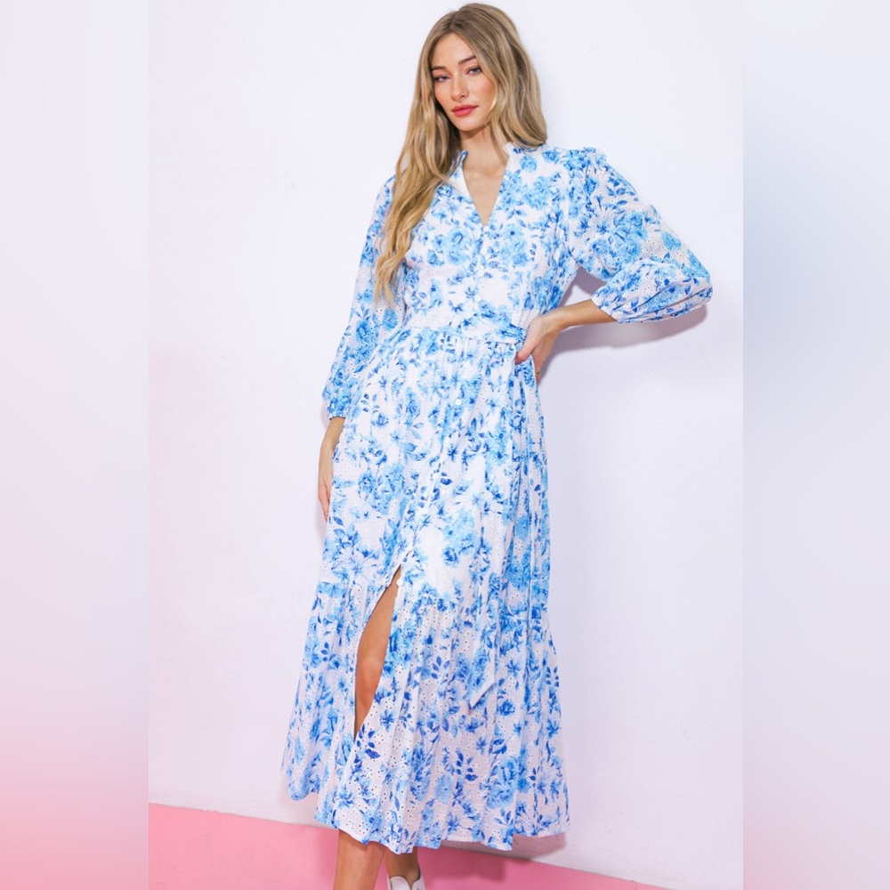 Blue Floral Maxi Dress with V-Neck